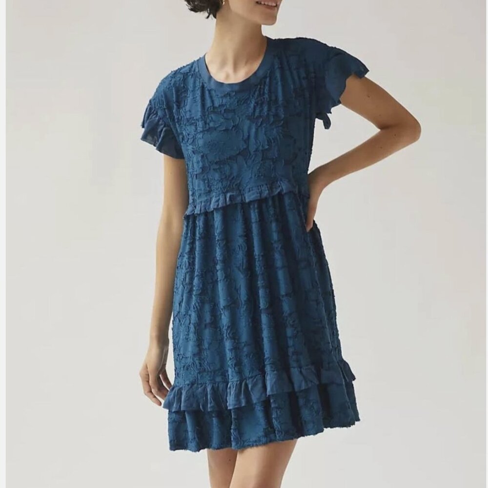 Anthropologie Blue Short Sleeve Ruffle Knit Mini Lined Dress